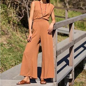 Free People Beach Morning Tides One Piece Wide Leg Jumpsuit Bright Cedar Womens